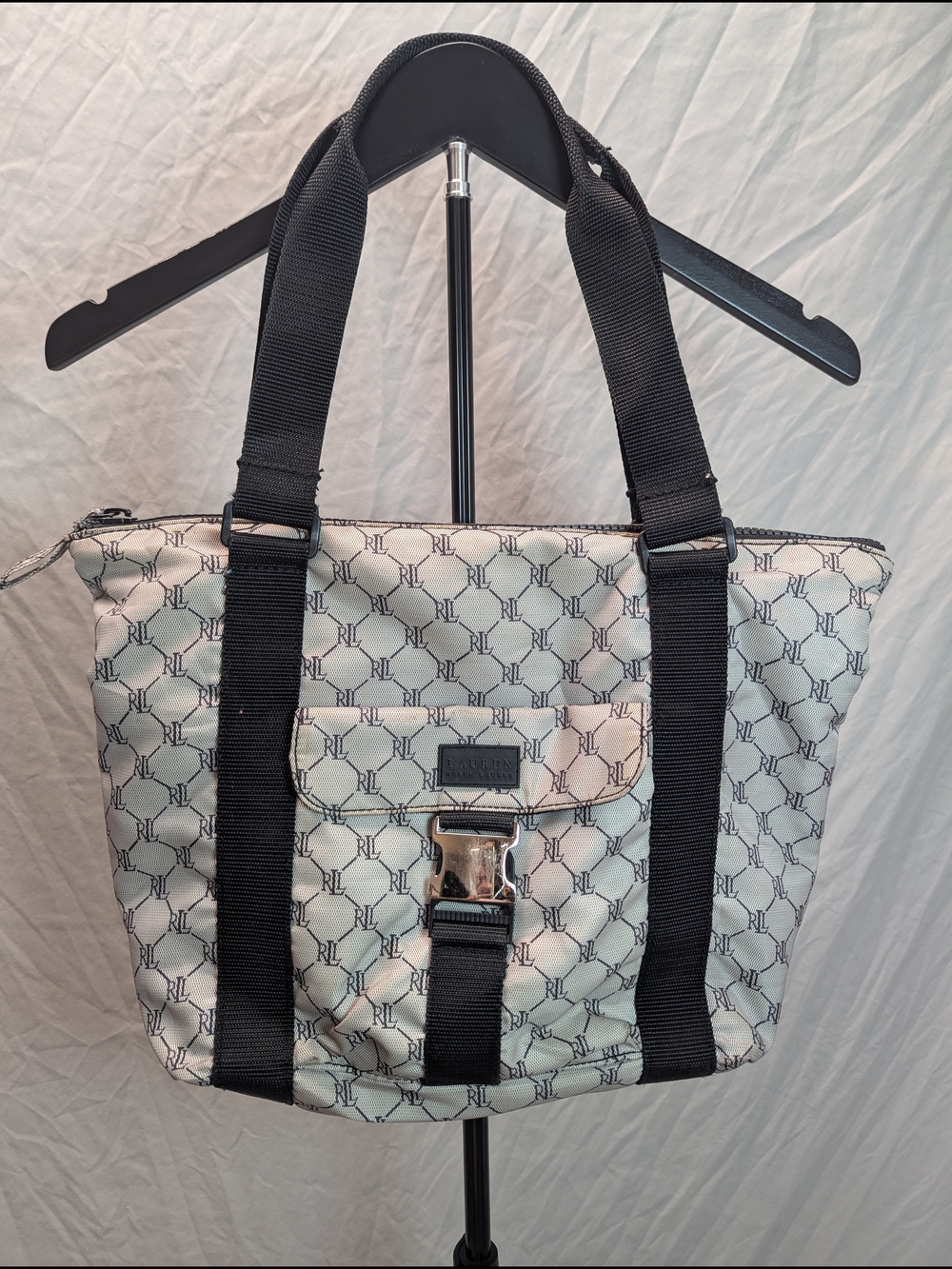 Ralph Lauren White Monogram Canvas Tote with Black Straps